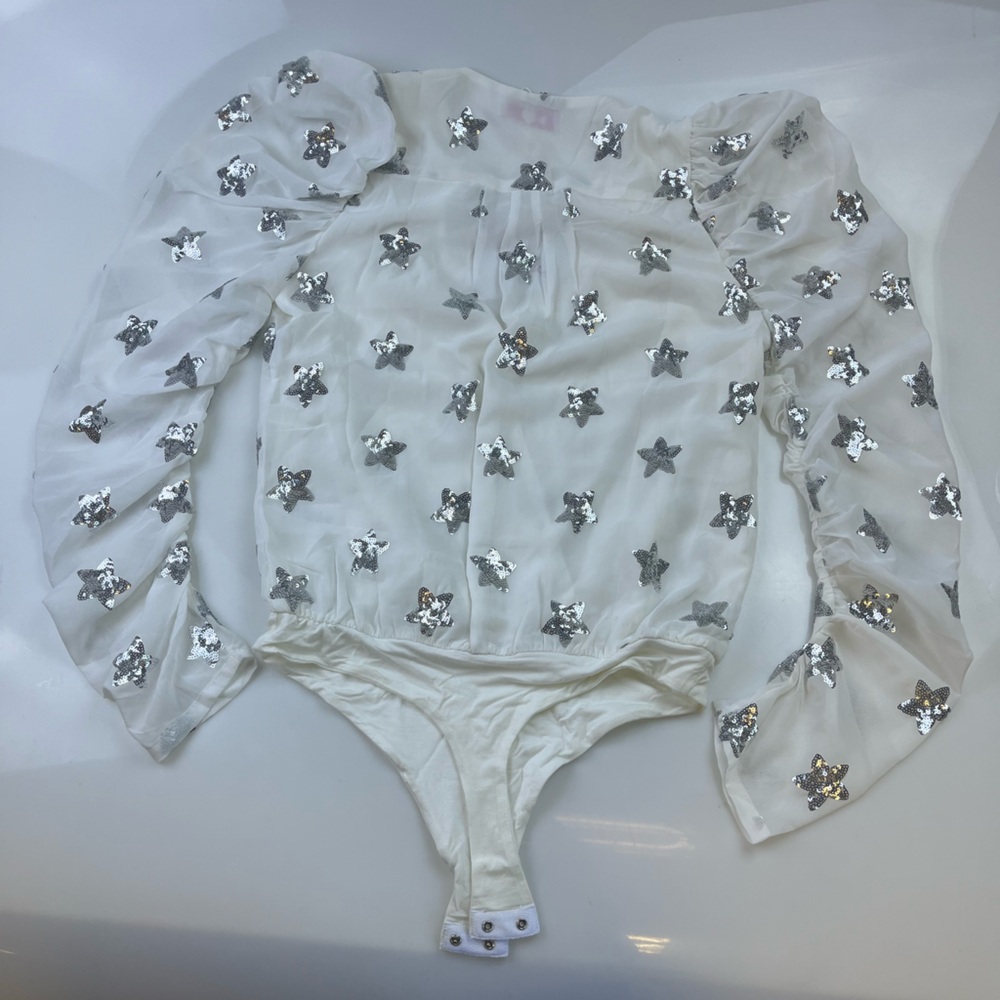 BuddyLove White Silver Stars Sequined Joan Surplice Neckline Bodysuit N263 - Picture 5 of 11